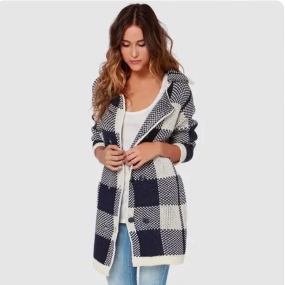 JOA Los Angeles Plaid Wool Blend Cardigan Sweater M Ladies Navy White Cozy Chic